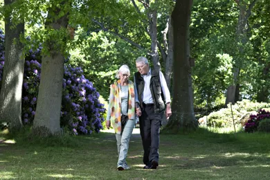 Aeldre par gaar gennem have med blomster