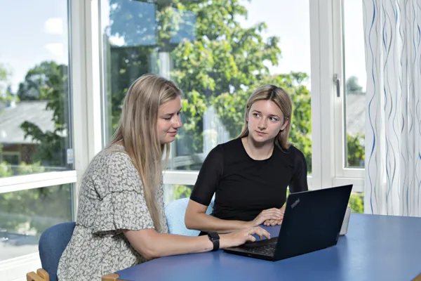 To kvinder sidder og arbejder sammen foran en computer