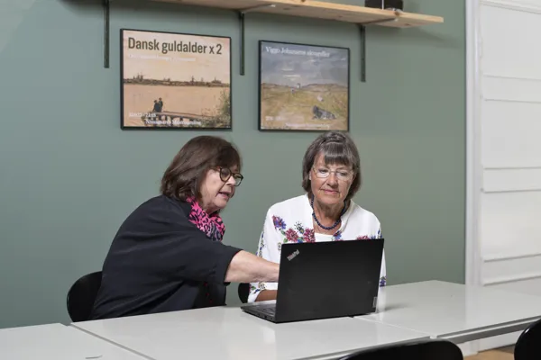 To aeldre kvinder sidder foran en computer