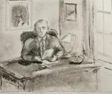 Tegning af Kjeld Roerdam der sidder ved et bord