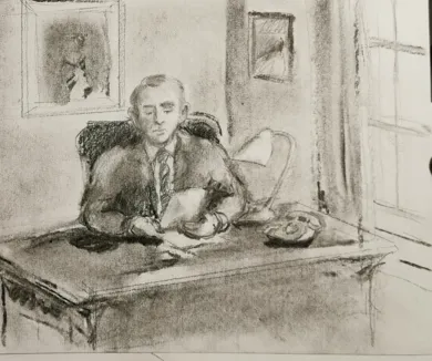 Tegning af Kjeld Roerdam der sidder ved et bord