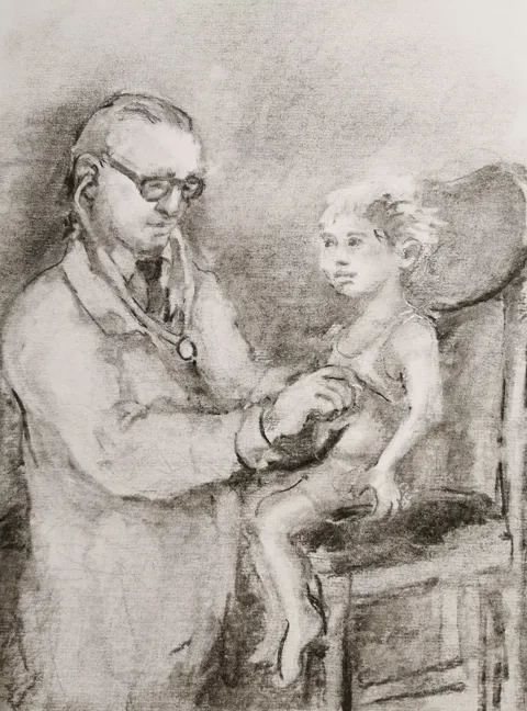 Tegning af læge der lytter til barns brystkasse